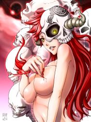 Rule 34 | 1girl, blood, breasts, cutting, deep skin, demon girl, fang, fingernails, highres, hitomori, horns, large breasts, long fingernails, long hair, looking at viewer, moon, nude, original, parted lips, red hair, red moon, skull, solo, upper body, yellow eyes