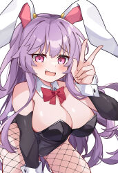 Rule 34 | 1girl, animal ears, blush, breasts, cleavage, detached sleeves, fishnets, highres, kneeling, kurogane vipers, large breasts, leotard, long hair, looking at viewer, pink eyes, playboy bunny, purple hair, rabbit ears, rabbit girl, rabbit tail, reisen udongein inaba, solo, tail, thighs, touhou, v, wrist cuffs