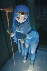 Rule 34 | 1girl, blue eyes, blue hair, blue theme, bodysuit, bodysuit under clothes, breasts, cape, circlet, cleavage, commentary request, dragon quest, dragon quest iii, dress, eyebrows hidden by hair, gloves, hasukawa isaburou, highres, long hair, open mouth, reaching, reaching towards viewer, ringed eyes, sage (dq3), solo, staff, standing, weapon, yellow gloves