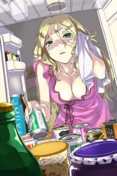 Rule 34 | 1girl, blonde hair, bottle, breasts, can, cleavage, denchuubou, food, green eyes, indoors, jpeg artifacts, kanzaki mikoto, large breasts, moegacha, mole, mole under eye, pov, pudding, refrigerator, source request, sweat, towel