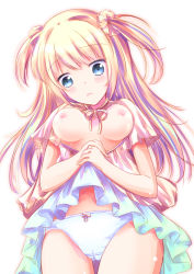 Rule 34 | 1girl, blonde hair, blue eyes, blue skirt, blush, bow, bow panties, breasts, breasts out, cameltoe, clothes lift, commentary request, cowboy shot, head tilt, lifted by self, long hair, medium breasts, neck ribbon, nipples, open mouth, original, panties, pink shirt, pleated skirt, ribbon, shihou haru, shirt, short sleeves, simple background, skirt, skirt lift, solo, two side up, underwear, white background, white panties, yellow ribbon