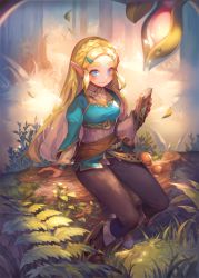 Rule 34 | 1girl, blonde hair, blush, breasts, hair ornament, jewelry, long hair, looking at viewer, nintendo, pointy ears, princess zelda, smile, solo, the legend of zelda, the legend of zelda: breath of the wild, thick eyebrows