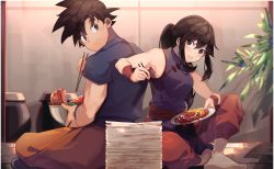 Rule 34 | 1boy, 1girl, absurdres, back-to-back, bare shoulders, border, bowl, brown eyes, brown hair, chi-chi (dragon ball), chinese clothes, chopsticks, closed mouth, dragon ball, dragon ball (classic), eating, food, h.pn, hair between eyes, highres, holding, holding bowl, holding chopsticks, holding plate, long hair, looking at another, lower teeth only, meat, no shoes, plant, plate, ponytail, potted plant, sitting, smile, socks, son goku, teeth, white border, wristband