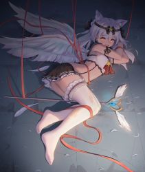 Rule 34 | 1girl, :o, animal ears, armlet, azur lane, bent over, black skirt, bound, bow, cat ears, commentary request, extra ears, eyes visible through hair, feathered wings, frilled skirt, frilled thighhighs, frills, hair between eyes, hair bow, hair ribbon, highres, long hair, looking at viewer, lying, magical girl, navel, on side, orange eyes, pleated skirt, ribbon, school uniform, serafuku, sidelocks, skirt, solo, stomach, suspenders, thighhighs, twintails, white hair, white wings, wings, you ni ge shaobing, yukikaze (azur lane), zettai ryouiki