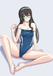 Rule 34 | 1girl, alternate costume, black-framed eyewear, black hair, blue one-piece swimsuit, breasts, clothes pull, competition swimsuit, covered navel, glasses, green eyes, grey background, hairband, highleg, highleg swimsuit, kantai collection, long hair, one-piece swimsuit, one-piece swimsuit pull, ooyodo (kancolle), oyabun (higashi), semi-rimless eyewear, simple background, small breasts, solo, spread legs, swimsuit, under-rim eyewear, white hairband