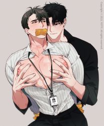 Rule 34 | 2boys, artist name, bara, bare pectorals, black hair, black pants, black shirt, blush, buttons, closed mouth, collared shirt, embarrassed, gag, gagged, gagged male, grabbing, grabbing from behind, highres, improvised gag, large pectorals, looking at another, male focus, multiple boys, muscular, muscular male, nipples, open clothes, open shirt, original, pants, partially unbuttoned, pectoral grab, pectorals, shirt, short hair, simple background, smile, sweat, tape, tape gag, white shirt, yaoi, yotti
