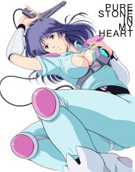 Rule 34 | 1980s (style), 1girl, akai koudan zillion, apple (zillion), armlet, armor, belt, blue eyes, blue hair, boots, cable, chest harness, commentary request, energy gun, english text, harness, knee pads, looking at viewer, lying, mikimoto haruhiko (style), official style, oldschool, ray gun, retro artstyle, science fiction, sega light phaser, shoulder armor, uniform, waeba yuusee, weapon, white background