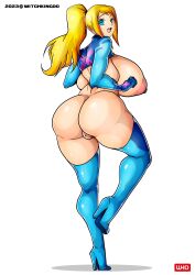 Rule 34 | 1girl, absurdres, ass, backboob, blonde hair, blue eyes, breasts, full body, functionally nude, high heels, highres, huge ass, huge breasts, looking at viewer, looking back, metroid, nintendo, nipples, one leg raised, open mouth, ponytail, pussy, samus aran, sideboob, sidelocks, smile, thick thighs, thighs, white background, wide hips, witchking00, zero suit