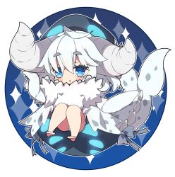 Rule 34 | 1girl, ahoge, bare legs, barefoot, blue eyes, blush, chibi, cloak, commentary request, full body, fur collar, hair between eyes, highres, horns, knees up, looking at viewer, milkpanda, monster hunter (series), parted lips, personification, short eyebrows, solo, tail, thick eyebrows, white cloak, white hair