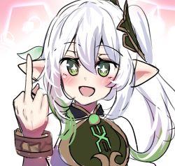 Rule 34 | + +, 1girl, :d, bare shoulders, bracelet, cross-shaped pupils, genshin impact, green eyes, hair ornament, highres, hinghoi, jewelry, long hair, middle finger, nahida (genshin impact), open mouth, pointy ears, ponytail, smile, solo, symbol-shaped pupils, white hair