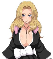 Rule 34 | 1girl, absurdres, bleach, blonde hair, blue eyes, breasts, cleavage, curvy, highres, huge breasts, japanese clothes, jewelry, long hair, looking at viewer, matsumoto rangiku, mole, mole under mouth, necklace, no bra, obi, revealing clothes, sash, simmsy, solo, standing, white background