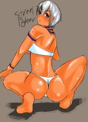 Rule 34 | 1girl, ass, breasts, capcom, copyright name, dark skin, elena (street fighter), looking back, shadow, simple background, squatting, street fighter, street fighter iii (series), white hair