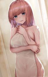 Rule 34 | 1girl, absurdres, after bathing, atlanta (kancolle), backlighting, blue eyes, blush, breast hold, breasts, brown hair, clenched teeth, commentary request, covering privates, crossed arms, enri (enriko683), hair down, highres, holding, holding towel, indoors, kantai collection, large breasts, long hair, looking at viewer, naked towel, nude, nude cover, solo, standing, teeth, towel, water drop, wet, white towel