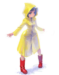 Rule 34 | 1girl, boots, full body, raincoat, rubber boots, shiny clothes, simple background, solo, standing, weno, white background, wide hips