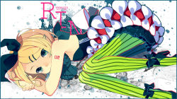 Rule 34 | 1girl, bare shoulders, blonde hair, character name, dress, fen renlei, flat chest, green eyes, green pantyhose, hair ornament, hair ribbon, hairclip, high heels, highres, kagamine rin, looking at viewer, lying, on stomach, pantyhose, ribbon, shoes, short hair, skirt, solo, striped clothes, striped pantyhose, vertical-striped clothes, vertical-striped pantyhose, vocaloid, wallpaper