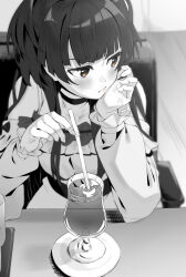 Rule 34 | 1girl, absurdres, blunt bangs, blush, brown eyes, choker, closed mouth, cup, drink, drinking glass, drinking straw, frilled shirt, frills, greyscale, head rest, highres, idolmaster, idolmaster shiny colors, joker (tomakin524), long hair, long sleeves, looking to the side, mayuzumi fuyuko, monochrome, off-shoulder shirt, off shoulder, shirt, sitting, solo, spot color, table, two side up