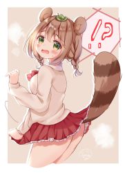 Rule 34 | !?, 1girl, animal ears, bad id, bad twitter id, blush, braid, cowboy shot, frilled skirt, frills, green eyes, highres, leaf, leaf on head, long sleeves, looking at viewer, looking back, open mouth, original, raccoon ears, raccoon tail, red neckwear, red skirt, skirt, skirt tug, solo, sugutsuka rerun, sweater, tail, thighs, twin braids