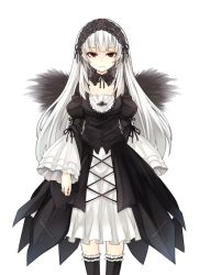 Rule 34 | &gt;:(, 1girl, black dress, black wings, dress, frills, frown, gothic lolita, hairband, lolita fashion, lolita hairband, long hair, looking at viewer, red eyes, rozen maiden, silver hair, solo, suigintou, tousen, v-shaped eyebrows, white background, wings