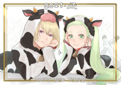 Rule 34 | 1boy, 1girl, 2021, :t, animal costume, bell, blonde hair, cheek press, chinese zodiac, cow costume, cow hood, crossed ankles, earmuffs, eyelashes, fake horns, fe rune, feet up, frey (rune factory), green eyes, green hair, hair pulled back, hand on own cheek, hand on own face, hands on own cheeks, hands on own face, hands up, highres, hood, hood up, horns, inset border, lest (rune factory), long hair, lying, matching outfits, neck bell, no shoes, on stomach, pantyhose, purple eyes, rune factory, rune factory 4, short hair, side-by-side, sleeves past wrists, smile, soles, sparkle, swept bangs, the pose, twintails, very long hair, white background, white pantyhose, year of the ox