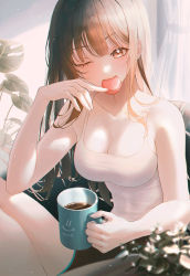 Rule 34 | 1girl, bare shoulders, breasts, brown eyes, brown hair, camisole, cleavage, coffee, coffee cup, collarbone, cup, curtains, disposable cup, eating, food, hhl (ggul80hg58), highres, large breasts, long hair, looking at viewer, macaron, one eye closed, original, sitting, sleeveless, solo, white camisole