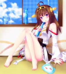 Rule 34 | 10s, 1girl, :p, ahoge, arm support, bad id, bad pixiv id, barefoot, brown hair, detached sleeves, door to heaven, hand fan, fish, goldfish, hairband, hot, ice, ice cube, japanese clothes, kantai collection, kongou (kancolle), long hair, nontraditional miko, paper fan, purple eyes, ramune, sitting, solo, sweat, tongue, tongue out, uchiwa, wide sleeves