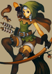 Rule 34 | 1girl, animal, arrow (projectile), belt, black gloves, boots, bow (weapon), braid, breasts, brown eyes, brown footwear, brown thighhighs, cloak, david xu, dragon&#039;s crown, elf, elf (dragon&#039;s crown), gloves, hood, leather, leather boots, pointy ears, quiver, short hair, shorts, silver hair, simple background, small breasts, solo, squirrel, thigh boots, thighhighs, twin braids, weapon, zettai ryouiki