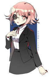 Rule 34 | 1girl, alternate costume, bespectacled, black jacket, black skirt, blue background, breasts, brown eyes, brown hair, collared shirt, cropped legs, danganronpa (series), danganronpa 2: goodbye despair, glasses, hair ornament, hairclip, hand up, hinata hajime, jacket, large breasts, long sleeves, neck ribbon, open clothes, open jacket, pa zi dinglu, pencil skirt, red ribbon, ribbon, shirt, short hair, skirt, solo, translation request, white background, white shirt, x hair ornament