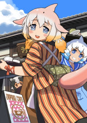 Rule 34 | 3girls, :d, alternate costume, animal ears, architecture, blowhole, blue dress, blue sky, blush, cetacean tail, chinese white dolphin (kemono friends), cloud, commentary request, common bottlenose dolphin (kemono friends), cup, day, dress, east asian architecture, fins, fish tail, food, grey hair, grin, hair between eyes, highres, holding, holding tray, japanese clothes, japari bun, japari symbol, kemono friends, kemono friends 3, kimono, long hair, looking at viewer, low twintails, multicolored hair, multiple girls, obi, open mouth, orange hair, outdoors, pink hair, raccoon ears, red ribbon, ribbon, rinx, sailor dress, sash, sky, smile, striped clothes, striped kimono, tail, tanuki (kemono friends), tasuki, tray, twintails, vertical-striped clothes, vertical-striped kimono, white hair, wrist ribbon