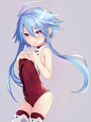 Rule 34 | 1girl, alternate color, ass, bare shoulders, blue hair, blush, boots, breasts, commentary request, cowboy shot, hands on own chest, hands up, highres, iwashi dorobou -r-, kami jigen game neptune v, leaning forward, leotard, looking at viewer, neptune (series), no gloves, power symbol, power symbol-shaped pupils, red eyes, red leotard, short hair with long locks, simple background, small breasts, smile, solo, symbol-shaped pupils, thigh boots, thighhighs, white heart (neptunia)