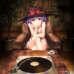 Rule 34 | 1girl, alternate costume, bare arms, bookshelf, camisole, chair, cup, dress, hat, hat ribbon, head rest, indoors, iyamato, crossed legs, light purple hair, lingerie, looking at viewer, nagae iku, phonograph, plant, potted plant, record, red eyes, ribbon, saucer, short hair, sitting, smile, solo, table, teacup, touhou, turntable, underwear, underwear only