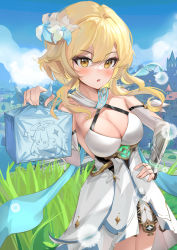 Rule 34 | 1girl, :o, absurdres, blonde hair, blush, breasts, building, cleavage, cloud, cowboy shot, dress, feather hair ornament, feathers, flower, genshin impact, grass, hair flower, hair ornament, hand on own hip, highres, holding, large breasts, looking at viewer, lumine (genshin impact), lunchbox, outdoors, scarf, shancha, short hair, short hair with long locks, sky, solo, white dress, white flower, white scarf, yellow eyes