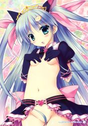 Rule 34 | 1girl, :o, absurdres, animal ears, aqua hair, artist name, blue eyes, blue hair, blush, bow, bowtie, breasts, cat ears, cat hair ornament, censored, convenient censoring, covering privates, covering breasts, crop top, crown, d:, elbow gloves, frilled skirt, frills, gloves, gradient hair, groin, hair censor, hair ornament, hair ribbon, halftone, halftone background, heart, hexagram, highres, hoshizaki mei, long hair, looking at viewer, magical girl, matching hair/eyes, midriff, miniskirt, multicolored hair, navel, no bra, no panties, open mouth, outline, parted bangs, partially visible vulva, puffy short sleeves, puffy sleeves, rainbow background, ribbon, sasorigatame, scan, short sleeves, sidelocks, skirt, small breasts, solo, standing, star (symbol), starry background, thigh gap, turtleneck, two side up, very long hair, yumekoi