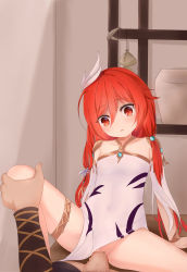 Rule 34 | 1boy, 1girl, arm support, blood, blush, censored, clothed sex, covered navel, defloration, detached sleeves, dress, feather hair ornament, feathers, fufumi, hair between eyes, hair ornament, halterneck, hand on another&#039;s knee, head tilt, hetero, highres, honkai (series), honkai impact 3rd, jingwei (honkai impact), long hair, mosaic censoring, parted lips, penis, red eyes, red hair, sex, sitting, solo focus, spread legs, thigh strap, vaginal, very long hair, white dress, wide-eyed