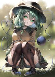 Rule 34 | absurdres, black hat, bow, breasts, buttons, convenient skirt, dfra, diamond button, eyeball, eyelashes, frilled shirt collar, frilled sleeves, frills, green eyes, green hair, green skirt, hat, hat bow, hat ribbon, heart, heart-shaped pupils, heart of string, highres, knees together feet apart, komeiji koishi, large breasts, open mouth, ribbon, shirt, shoes, skirt, squatting, symbol-shaped pupils, thighhighs, thighs, third eye, touhou, wide sleeves, yellow ribbon, yellow shirt
