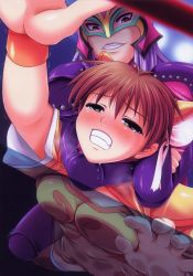 Rule 34 | 2girls, asphyxiation, blush, breast press, breasts, brown hair, bun cover, choke hold, cleavage, clenched teeth, crying, defeat, digdug006, double bun, drooling, evil grin, evil smile, from below, grin, headlock, highres, injury, kanamori reiko, knee pads, leotard, long hair, mask, multiple girls, pain, purple hair, restrained, ryona, sa-ki, saliva, shaking, short hair, smile, strangling, submission, sweat, tears, teeth, trembling, wrestle angels, wrestle angels survivor, wrestle angels survivor 2, wrestling, wrestling outfit