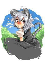 Rule 34 | 1girl, animal ears, blush, day, dress, embarrassed, face, female focus, flying sweatdrops, from behind, grey dress, grey hair, harusame (unmei no ikasumi), looking back, mouse ears, mouse tail, nazrin, red eyes, short hair, short sleeves, sky, solo, tail, touhou, tree