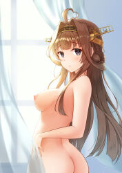 Rule 34 | 1girl, ahoge, ass, backlighting, blush, breasts, brown hair, butt crack, commentary, completely nude, curtains, double bun, english commentary, fritz614, from behind, hair bun, hair intakes, headgear, highres, kantai collection, kongou (kancolle), kongou kai ni (kancolle), large breasts, long hair, looking at viewer, looking back, nipples, nude, parted lips, purple eyes, sideboob, solo, window