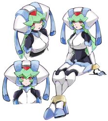 1girl absurdres armor crotch_plate forehead_jewel full_body green_hair helmet highres invisible_chair long_hair mega_man_(series) mega_man_zx model_w_(mega_man) multiple_views pandora_(mega_man) red_eyes simple_background sitting upper_body westglaze_18 white_armor white_background white_helmet