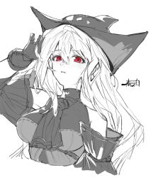 Rule 34 | 1girl, arknights, bare shoulders, black gloves, gloves, grey hair, hair between eyes, harukan tiusu, hat, highres, long hair, looking at viewer, red eyes, simple background, skadi (arknights), skadi (elite ii) (arknights), sketch, solo, white background, white hair