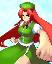 Rule 34 | 1girl, bad id, bad pixiv id, blue eyes, braid, breasts, china dress, chinese clothes, dress, female focus, gradient background, hat, hong meiling, immaterial and missing power, long hair, moru (monaka), red hair, solo, touhou, twin braids