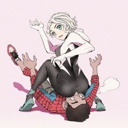 Rule 34 | 1boy, 1girl, animification, ass, back, ballet slippers, black hair, blonde hair, bodysuit, covered erect nipples, dark-skinned male, dark skin, embarrassed, green eyes, gwen stacy, highres, hood, hood down, hooded bodysuit, komi shin&#039;ya, looking back, lying, m/, marvel, miles morales, on back, open mouth, shoes, simple background, sitting, sitting on face, sitting on person, sneakers, spider-gwen, spider-man: into the spider-verse, spider-man (series), spider-verse, spider web print, sweatdrop