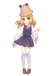 Rule 34 | 1girl, :o, blonde hair, blush, clenched hand, duca, eyebrows, full body, hair ribbon, hat, highres, loafers, looking at viewer, moriya suwako, pigeon-toed, ribbon, shoes, short eyebrows, sidelocks, skirt, solo, standing, thighhighs, touhou, white background, white thighhighs, yellow eyes, zettai ryouiki
