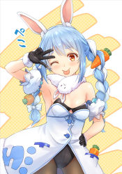 Rule 34 | 1girl, animal ear fluff, animal ears, bikini, bikini top only, black gloves, blue hair, braid, breasts, carrot, carrot hair ornament, commentary request, detached sleeves, food-themed hair ornament, fur trim, gloves, hair ornament, hand on own hip, hand up, haniwa (leaf garden), highres, hololive, leotard, long hair, looking at viewer, one eye closed, pantyhose, puffy short sleeves, puffy sleeves, rabbit ears, short sleeves, small breasts, smile, solo, stole, swimsuit, tongue, tongue out, twin braids, upper body, usada pekora, usada pekora (1st costume), virtual youtuber, yellow eyes