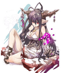 Rule 34 | 10s, 1girl, antenna hair, black gloves, blood, blood stain, blood on clothes, bloody dress, breasts, cleavage, crescent, danua, draph, dress, finger to mouth, fingerless gloves, gloves, granblue fantasy, gretel (granblue fantasy), haku (sabosoda), hansel (granblue fantasy), horn ornament, horns, jewelry, large breasts, long hair, necklace, pointy ears, purple hair, red eyes, sitting, sketch, solo, thumb sucking, torn clothes, torn dress, white dress