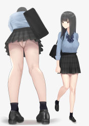 Rule 34 | 1girl, bag, black eyes, black footwear, black hair, black skirt, black socks, blue bow, blue bowtie, blue shirt, blunt bangs, bow, bowtie, breast pocket, breasts, clenched hand, collared shirt, from below, full body, highres, hin0428, light blush, long hair, looking to the side, mary janes, medium breasts, original, panties, pink panties, plaid, plaid skirt, pleated skirt, pocket, school bag, school uniform, shirt, shirt tucked in, shoes, simple background, skirt, smile, socks, striped bow, striped bowtie, striped clothes, underwear, upskirt, white background