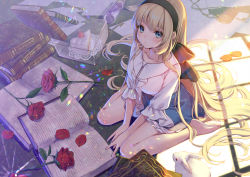 Rule 34 | 1girl, animal, black bow, black hairband, blonde hair, blue eyes, blue skirt, blush, book, book stack, bottle, bow, breasts, cake, cake slice, closed mouth, collarbone, commentary request, flower, food, frilled skirt, frills, from above, hair bow, hairband, key, large breasts, long hair, looking at viewer, medium breasts, ne-on, open book, original, petals, pocket watch, puffy short sleeves, puffy sleeves, rabbit, red flower, red rose, rose, rose petals, shirt, short sleeves, sitting, skirt, sleeves past elbows, solo, v arms, very long hair, wariza, watch, white shirt