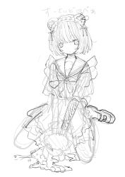 Rule 34 | 1girl, absurdres, animal ears, bags under eyes, dot nose, fake animal ears, full body, greyscale, headdress, highres, looking at viewer, monochrome, neckerchief, noroi (rnatataki), original, parted lips, sailor collar, school uniform, serafuku, shoes, short hair, simple background, sitting, solo, stuffed animal, stuffed toy, teddy bear, translation request, unfinished, uwabaki, v arms, wariza, white background