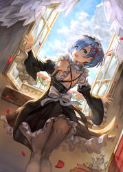 Rule 34 | 10s, 1girl, :d, back, black dress, blue eyes, blue hair, blush, bow, clothes lift, cloud, cup, curtains, day, detached sleeves, dress, dress lift, dutch angle, ecens, eyelashes, flower, frilled dress, frilled sleeves, frills, from behind, glass, hair between eyes, hair ornament, hair ribbon, highres, indoors, kneepits, legs together, looking at viewer, looking back, maid, matching hair/eyes, open mouth, open window, outstretched arms, petals, pink ribbon, plant, potted plant, re:zero kara hajimeru isekai seikatsu, red flower, rem (re:zero), ribbon, shade, short hair, shoulder blades, sky, sleeveless, sleeveless dress, smile, solo, teacup, teapot, thighhighs, tray, wall, white bow, white thighhighs, wide sleeves, wind, wind lift, window, x hair ornament