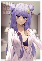 Rule 34 | 1girl, blunt bangs, blurry, blurry background, blush, border, breasts, cleavage, commission, crescent, crescent hair ornament, double bun, english text, hair bun, hair ornament, hair ribbon, highres, lamp, long hair, looking at viewer, open clothes, outside border, patchouli knowledge, purple eyes, purple ribbon, red ribbon, ribbon, smile, solo, touhou, upper body, white border, zeragoes