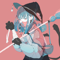 Rule 34 | 1girl, absurdres, bandaged arm, bandages, black gloves, black hat, blue hair, broom, cat tail, earrings, ghost hat ornament, gloves, halloween, hand up, hat, hat ornament, highres, holding, holding broom, jack-o&#039;-lantern, jewelry, long hair, long sleeves, looking at viewer, nocopyrightgirl, original, piercing, pink background, pink eyes, pumpkin, simple background, solo, tail, upper body, witch hat